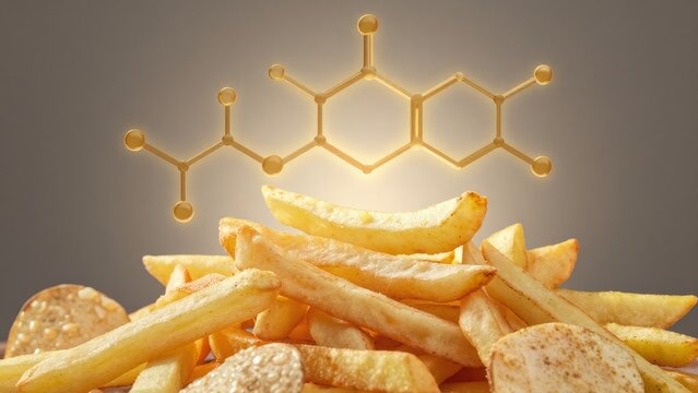 Golden French Fries with Chemical Structure Illustration Background