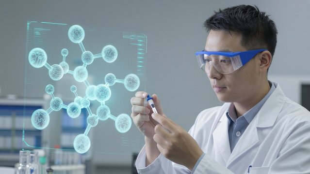 Male Scientist in Lab Analyzing Molecule Structure with Technology