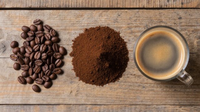 Coffee Beans, Ground Coffee, and Freshly Brewed Coffee in Glass