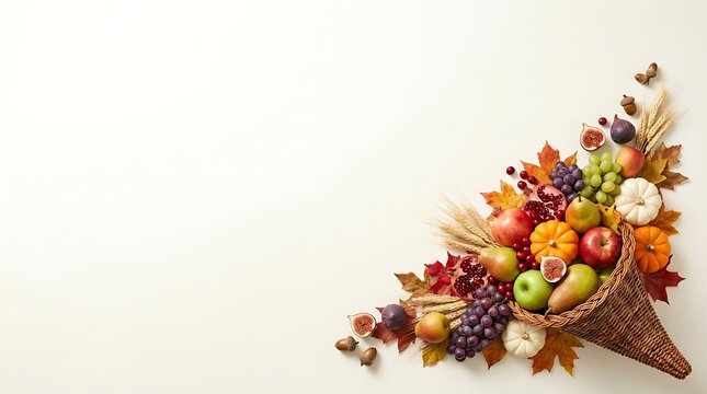 A traditional thanksgiving cornucopia filled with fresh autumn fruits and vegetables isolated on a clean white background with ample copy space