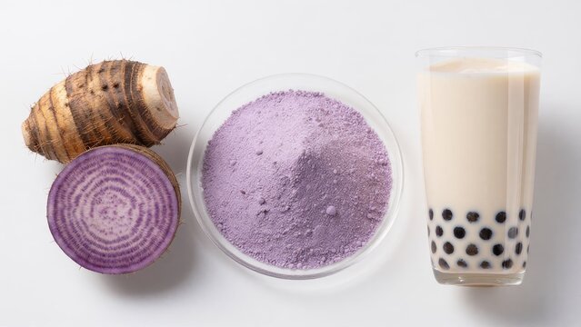 Ingredients for Taro Bubble Tea with Taro Root and Powder Display