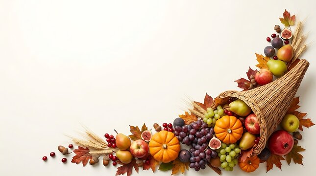 A beautiful cornucopia filled with fresh autumn harvest fruits and vegetables for a traditional thanksgiving holiday celebration on white background