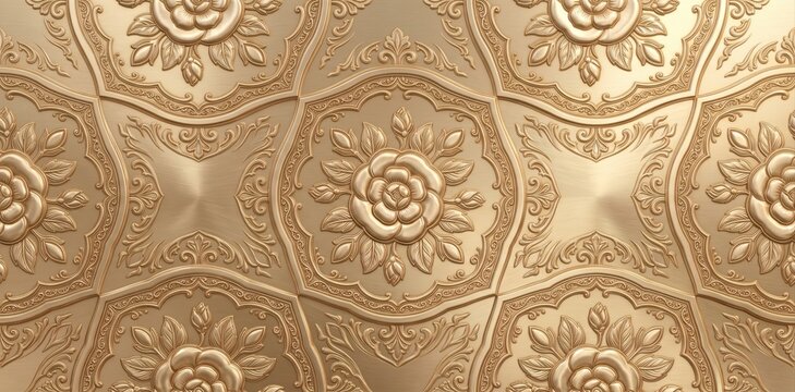 Opulent gold rose floral pattern with intricate relief carved decorative wall texture