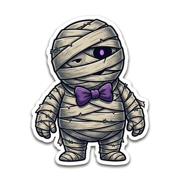 Cute mummy wearing a purple bowtie halloween sticker vector illustration isolated on white background