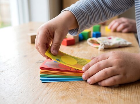 Child hands sorting colorful cards and blocks on a wooden table