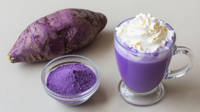 Sweet Potato Drink with Whipped Cream and Powdered Ingredient