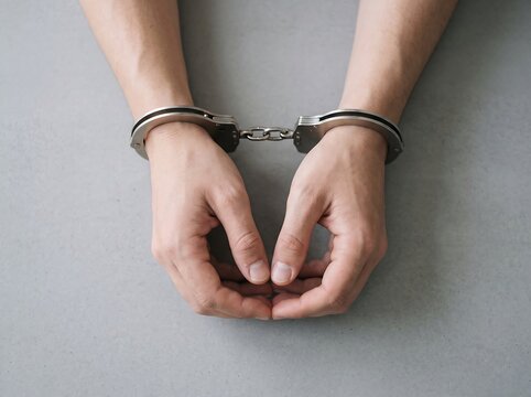 Close up of arrested human hands in steel handcuffs on gray surface