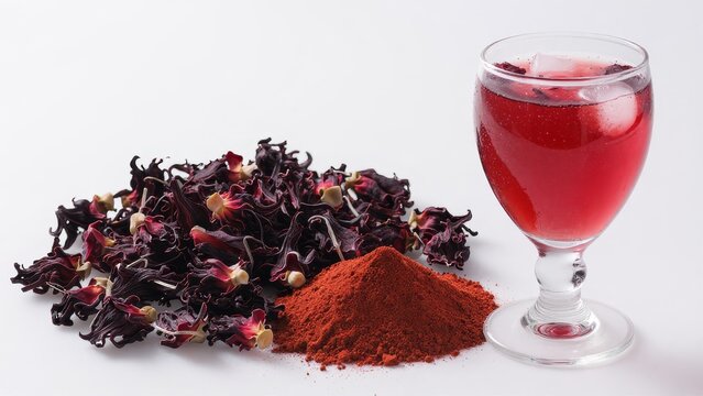 Hibiscus Flower Tea Preparation with Dried Petals and Powder