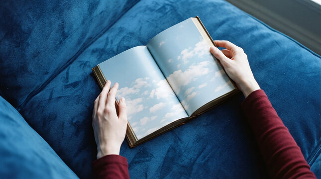 Hands Holding Open Book with Sky and Clouds Printing on Blue Velvet Couch