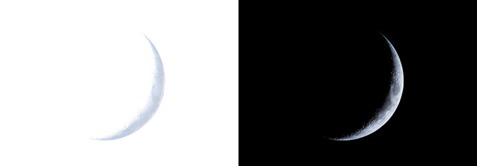 Moon crescent with crater texture and soft blue edge glow for Ramadan artwork, PNG, Transparent and Black Background Versions © Crafter