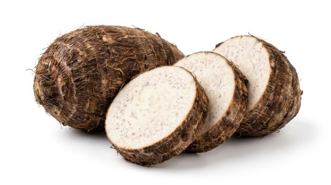 Fresh taro root with sliced pieces isolated on white background