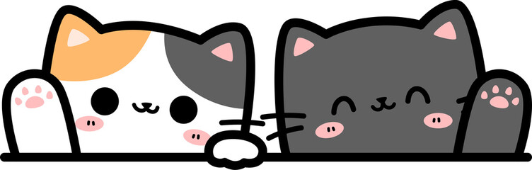 Couple cat cartoon greetings illustration, Hand drawn doodle kawaii kitty peeking for kid © ciaoaleandro
