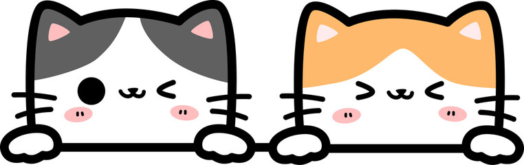 Couple cat cartoon greetings illustration, Hand drawn doodle kawaii kitty peeking for kid © ciaoaleandro