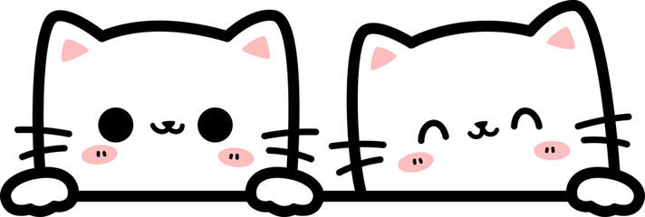 Couple cat cartoon greetings illustration, Hand drawn doodle kawaii kitty peeking for kid © ciaoaleandro