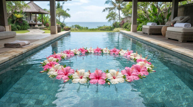 Tropical Pink Hibiscus Flowers Floating Wreath Circle in Swimming Pool at Luxury Villa Resort