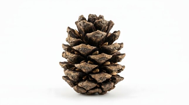 A single brown pine cone isolated on a clean white background for seasonal autumn and winter decor