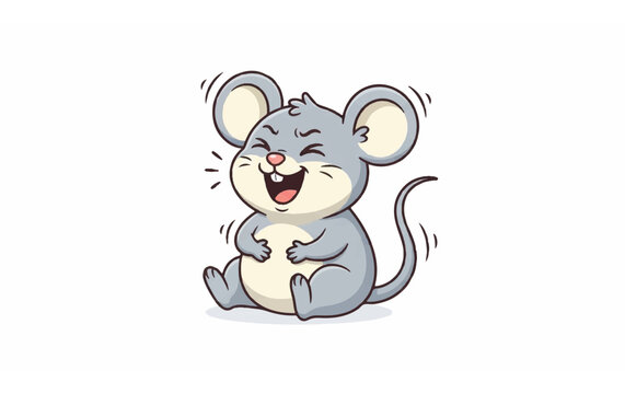 Cartoon mouse laughing with joyful expression.
