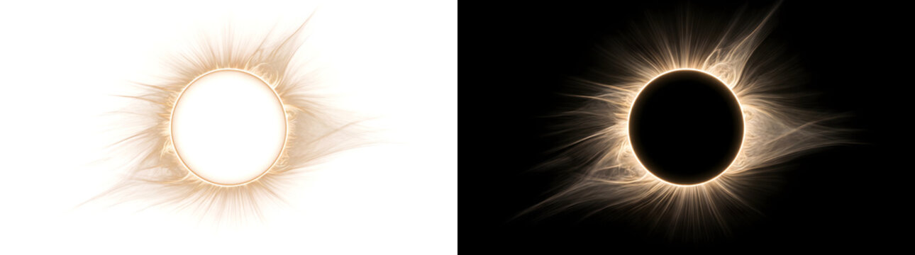 Solar Eclipse golden corona ring with radiating sun rays for astronomy and science themed content in PNG, Transparent and Black Background Versions