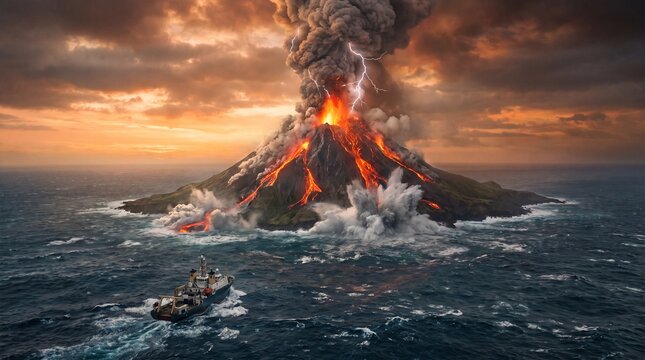 Massive Volcanic Island Eruption with Lightning Lava Flow and Research Ship in Ocean