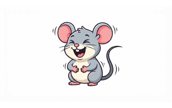Cute cartoon mouse laughing with pink ears and tail.