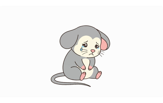 Cute cartoon mouse sitting with sad expression.
