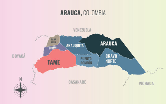 Arauca Colombia Departamento into Municipio in a minimalist colorful style map showing