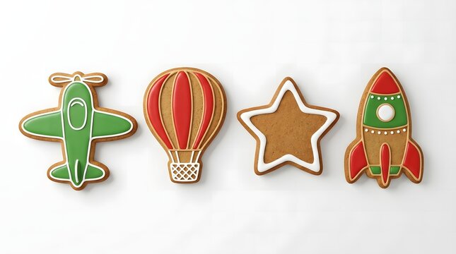Set of colorful gingerbread cookies shaped like an airplane hot air balloon star and rocket ship