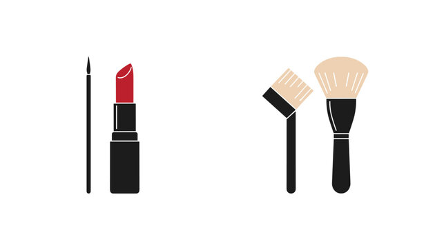 Elegant makeup set including red lipstick, an eyeliner brush, a brow brush, and a soft powder blush brush.