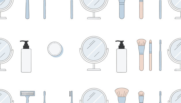 Seamless pattern background of bathroom cosmetic products, mirrors, hair brushes, and makeup items.