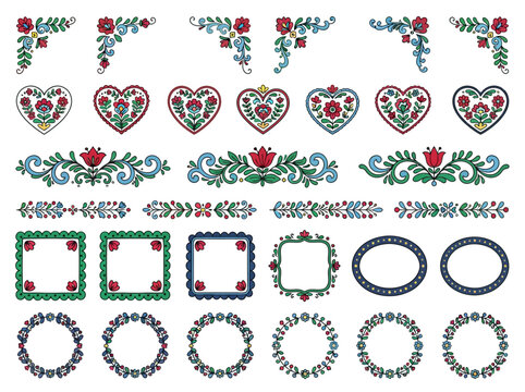 Hungarian Folk Art Floral Ornament Set, Matyo and Kalocsa Style Hearts, Frames, Borders, and Wreaths Vector Illustration