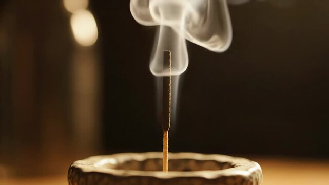 Single burning incense stick emitting delicate white smoke swirls in macro close up shot against dark warm backlit background, creating tranquil atmosphere for meditation, spa, wellness.