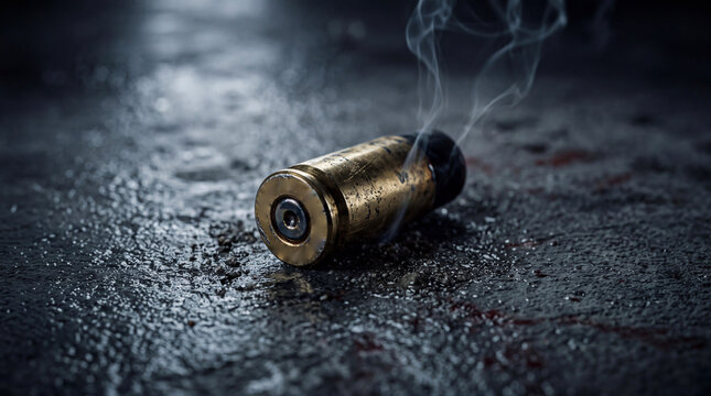 Smoking bullet casing on a dark wet surface after gunfire macro background