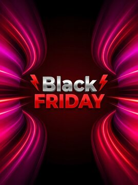 Vertical Black Friday poster template featuring bright magenta and red glowing light waves framing a central dark promotional space.