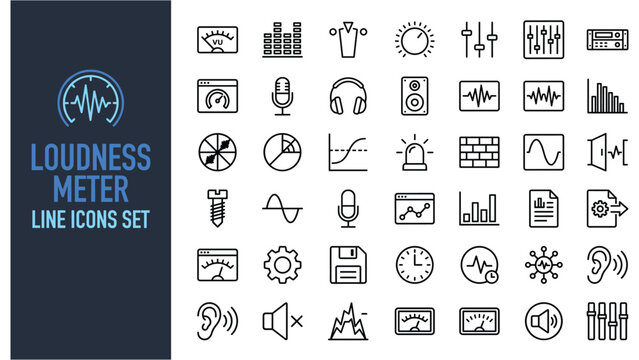 Vector Line Icon Set for Audio Production, Sound Engineering, and Loudness Meter Measurement Tools