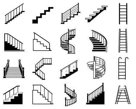 Set of black and white staircase and ladder icons for architecture and building design