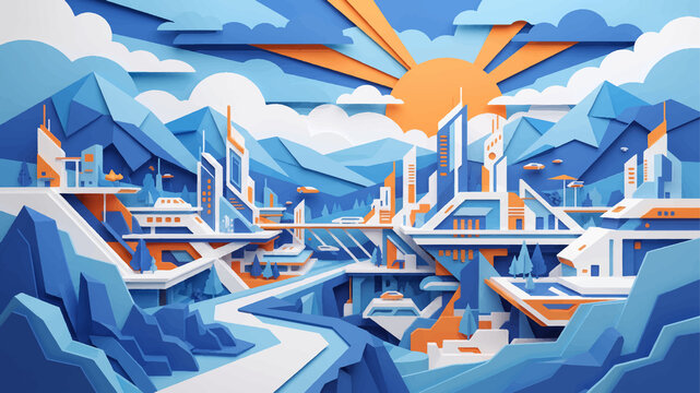 Futuristic city with modern geometric buildings and transport bridges sits between mountains.