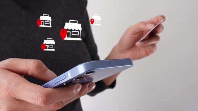 A person holds a phone with floating store-locator icons. Ideal for e-commerce, app marketing, or travel ads.