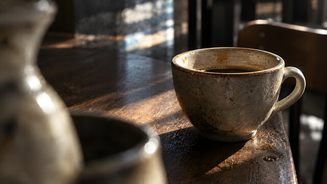 Morning Coffee Cup on a Rustic Wooden Caf&eacute; Counter in Warm Sunlight