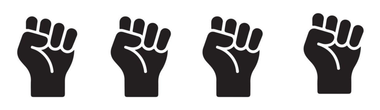 Raised fist icon set black silhouette graphic design element for protest movement and social resistance sign.