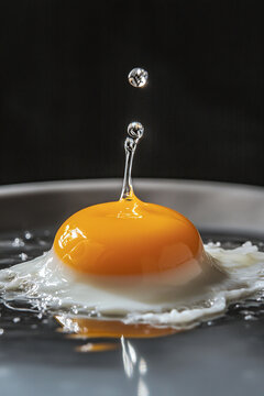 Raw Egg Yolk with Water Splash Drop Macro Close Up in Frying Pan