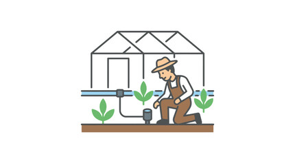 Fototapeta premium Creative of Gardener Tending Hydroponic Plants in a Greenhouse with Watering System with high quality professional line art symbols for modern creative design and digital branding projects