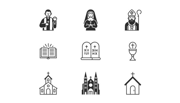 Collection of religious Christian church icons showing priest nun pope bible ten commandments and holy grail.