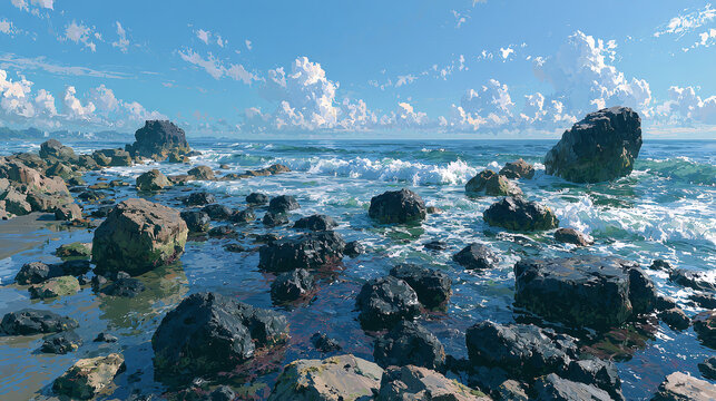 Rocky Ocean Coastline Anime Style Landscape Illustration with Blue Sky and White Clouds