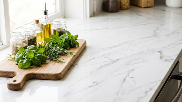 Fresh Herbs and Olive Oil on Wooden Cutting Board with Marble Countertop