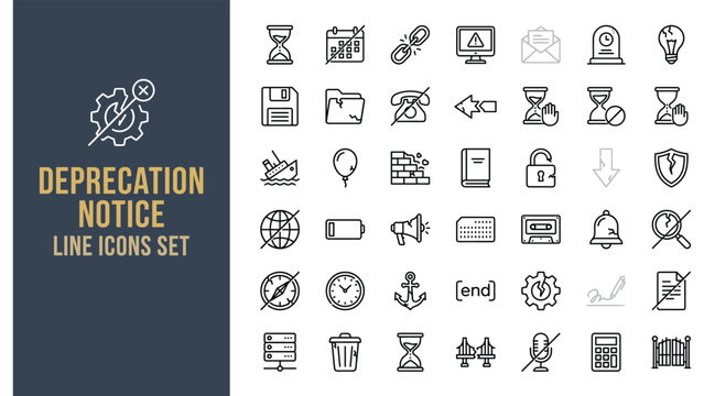 Comprehensive set of minimalist line icons representing deprecation notices, outdated digital technology, and system obsolescence