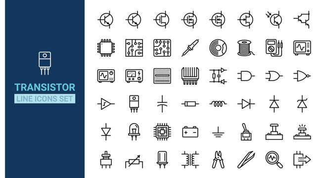 Electronic component line icons set featuring transistor symbols, circuit elements, and semiconductor hardware illustrations for technical design