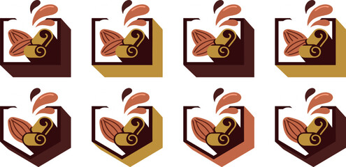 Fototapeta premium Chocolate block icon vector illustration set with cocoa beans and splashes isolated on white