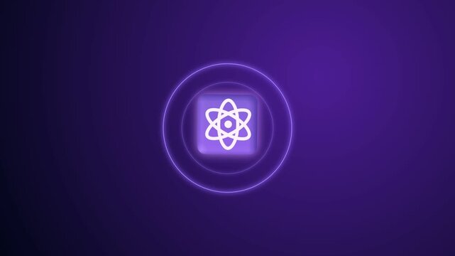 Atom symbol glows brightly inside a purple square button surrounded by concentric circular waves.