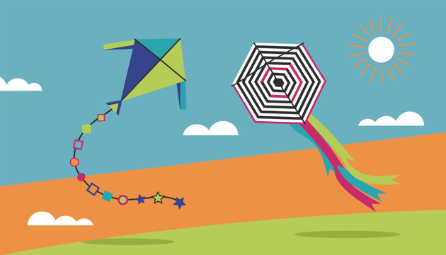 Colorful kites flying high in the blue sky with clouds and a bright yellow sun over a green landscape field.