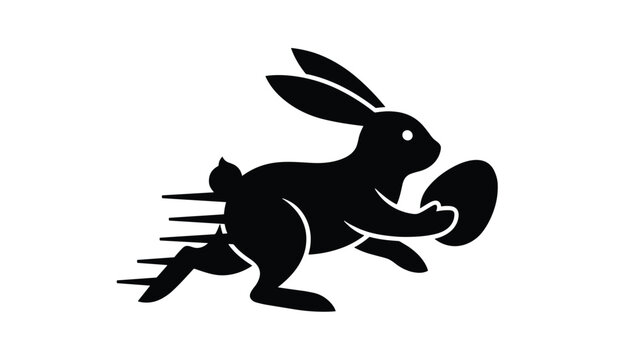 Black silhouette of a running rabbit holding a decorated egg representing a fast easter bunny delivery service.